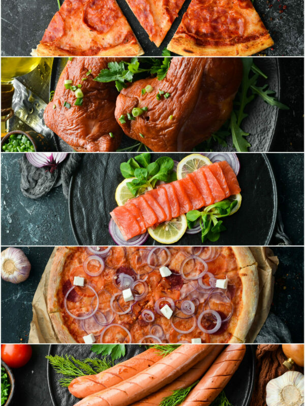 Collage of food and dishes of meat, fish and vegetables.